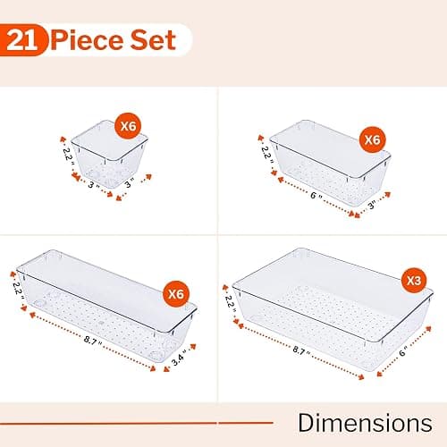 Stackzy Drawer Organiser Set – Makeup Organiser Tray for Drawers – Clear Cosmetics Container Tray for Bedroom – Utensil Cutlery Set Divider – Kitchen Storage & Organisation – 21pack thumbnail 2