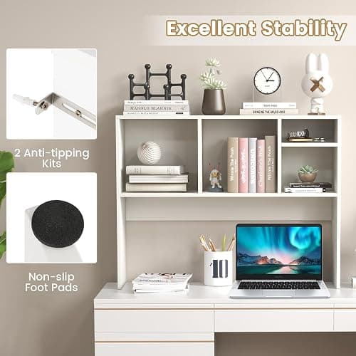 Giantex Desktop Bookshelf, Countertop Storage Hutch with 4 Shelves for Computer Desk, Dressing Tabletop Display Rack, Multipurpose Desk Hutch Storage Organizer for Home Office Dorm, White thumbnail 6