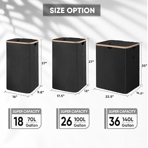 BALEINE Laundry Hamper with Lid, Tall Laundry Baskets with Bamboo Pull Handles, Large Laundry Bin with Internal Support (36 Gal/140L, Black) thumbnail 2
