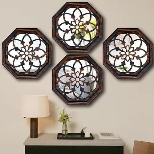 ZOLAPI 2-Piece Octagon Wall-Mounted Mirrors,Vintage Farmhouse Mirror for Wall Decor,Caramel Color Decorative Accent Mirror for Foyer, Bathroom, Bedroom. (12”x12”) thumbnail 6