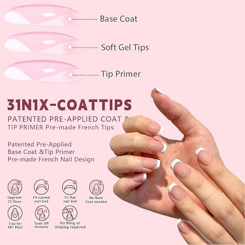French Tip Press on Nails - 240Pcs Short Fake Nails Set - 15 Size Acrylic Full Cover Artificial Fake Nails, Natural Color - French Tip Press on Nails Short Square DIY Nail Extensions thumbnail 3