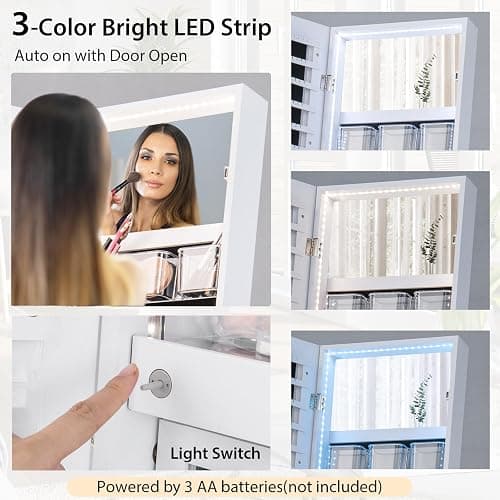 CHARMAID Standing Jewelry Armoire with Full Length Mirror, Lockable Jewelry Cabinet Organizer with Lights, 3 Lighting Modes, Foldable Makeup Tray, Storage Drawers & Shelves (White) thumbnail 4