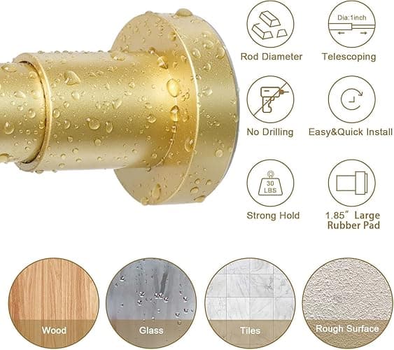 YNL Gold Shower Curtain Rod 32-64 Inch(2.7-5.33ft), Non-Slip, Never Rust, Stainless Steel No Drill Spring Tension Shower Rod, Adjustable Curtain Rod for Small Window Doorway Closet - Gold - 32-64Inch thumbnail 6