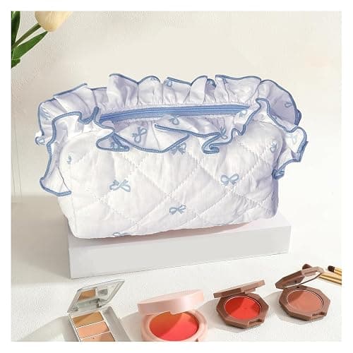 Aikeis Cute Tie Makeup Bag Cotton Quilted Plaid Lining Zipper Women Girls Kawaii Travel Cosmetic Bag (Light Blue), lightblue, Lace bow thumbnail 5