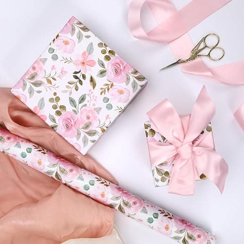 BIOBROWN Reversible Floral Wrapping Paper Roll - 17 Inches X 33 Feet (47 sq. ft. ttl.) Pink Watercolor Roses Design Flower Gift Wrap for Mother's Day, Wedding, Bridal Shower, Valentine's Day thumbnail 2