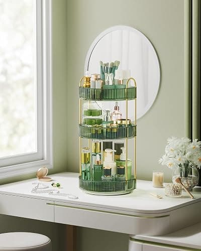 SONGMICS Makeup Organiser Rotating, 3-Tier Round Skincare Organiser, Customisable, Toiletries Cosmetics Organiser, Gift, Pale Green JKA011C01 thumbnail 2