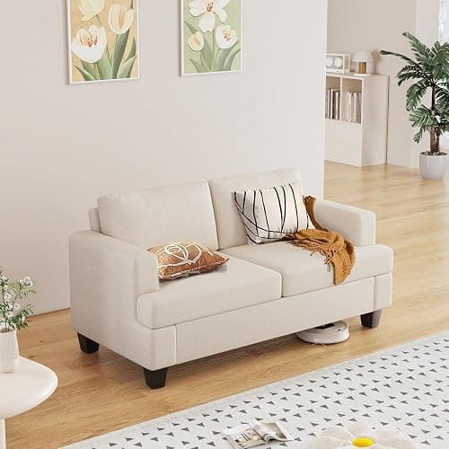Furnimart 62" Loveseat Couch, Modern Love Seat Couches for Small Spaces, Beige Linen Sofa, Deep Seat Sofa for Living Room, Small 2 Seater Couch for Bedroom, Office - Image 1