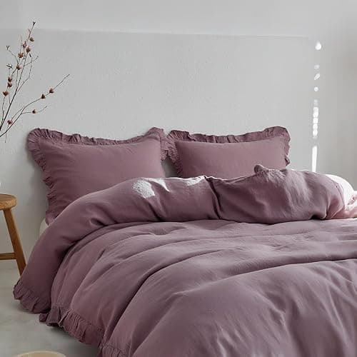 Simple&Opulence 100% Linen Duvet Cover Set, 3 PCS Natural French Flax Purple Ruffle Duvet Cover King Size, Breathable Comfy Linen Bedding Comforter Cover with 2 Pillowcases (Purple, 104" X 92") thumbnail 2