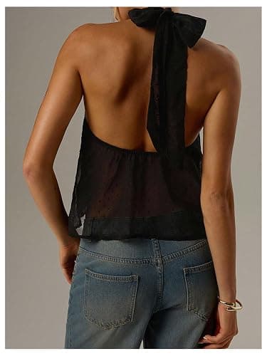 MakeMeChic Women's Tie Back Halter Tops Swiss Dots Knot Backless Sleeveless Tank thumbnail 3