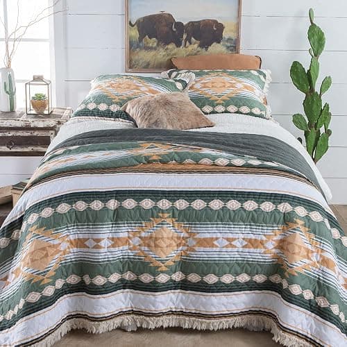 Rod's Zuma (Quilt Set) Southwest Aztec Ruffle - Deep Green, Sage, Tan, Sand, Gold and White - 3 Piece Bedding Set - (1) Full/Queen Quilt (90x90in) and (2) Standard Shams (20x26in) - Image 1