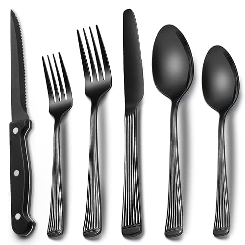 Black Hammered Silverware Set With Steak Knives, 24-Piece Stainless Steel Roman Column Flatware for 4, Food-Grade Tableware Cutlery, Utensil Set for Home Restaurant, Mirror Finish - Image 1
