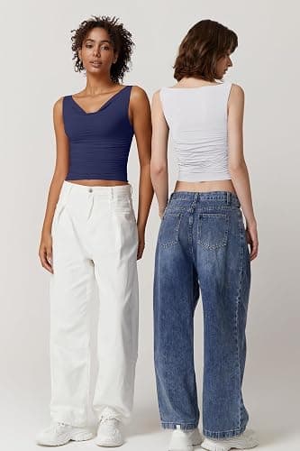 QINSEN Women's Cowl Neck Top Sleeveless Ruched Double Lined Crop Top Y2k T Shirts thumbnail 6