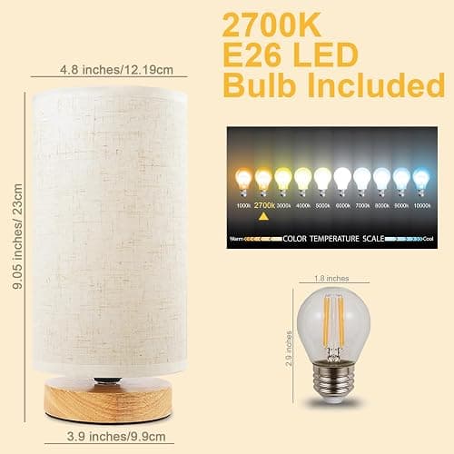 Small Bedside Table Lamp for Bedroom, Minimalist Wood Base & Round Fabric Shade, Mini Cute Cozy Warm White Nightstand Boho Lamp, Study Desk Night Stand Light for Room, Dorm, Nursery, Living Room thumbnail 3