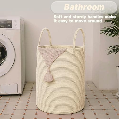 JMvicyroam Large Woven Laundry Basket Hamper,60L Cotton Rope Storage Bin for Blankets,Toys and Clothes,Decorative Tall Nursery Hamper for Living Room,Baby Nursery,Bathroom and Bedroom,Beige thumbnail 5