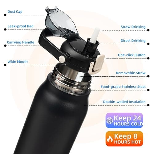 BJPKPK Insulated Water Bottles with Straw, 57 oz Sports Water Bottle with One-handed Opening Lid, BPA Free Leakproof Easy Carry Jugs, Flasks for Gym Sports Outdoors, Black thumbnail 3