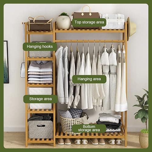 Clothing Rack Coat Clothes Hanging Heavy Duty Garment Rack with top Shelf and Shoes Clothing Storage Organizer Shelves (Upgrade Style) thumbnail 6