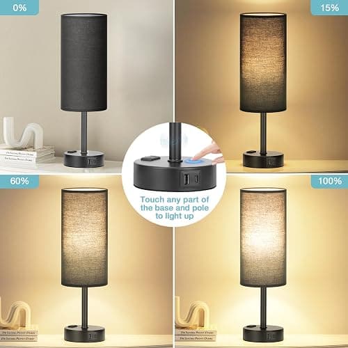 Fenmzee Black Bedroom Lamp for Nightstand - 3 Way Dimmable Bedside Lamp USB C A Charging Ports and AC Outlet, Small Table Lamp Black Base for Living Room, Office Desk, LED Bulb Included thumbnail 2