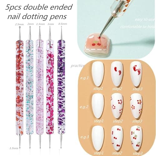 FULINJOY Nail Dotting Tools 10 Pcs Kit - 5 pcs Double-end Nail Dotting tools and 5 Pcs Nail Art Liner Painting Brushes thumbnail 2