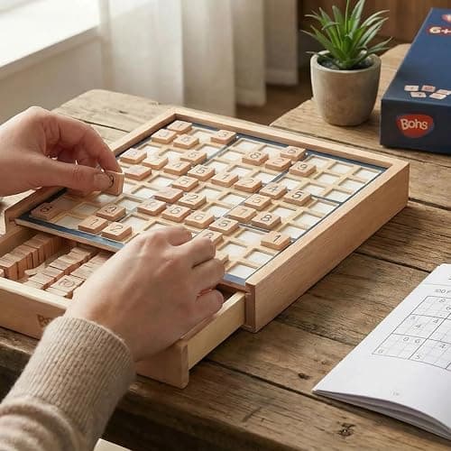 BOHS Wooden Sudoku Board Game for Adults and Kids, 100-Puzzle Book | Built-in storage drawer; double-sided trial tiles; pencil-free play; spare pieces; smooth, splinter-free finish thumbnail 7