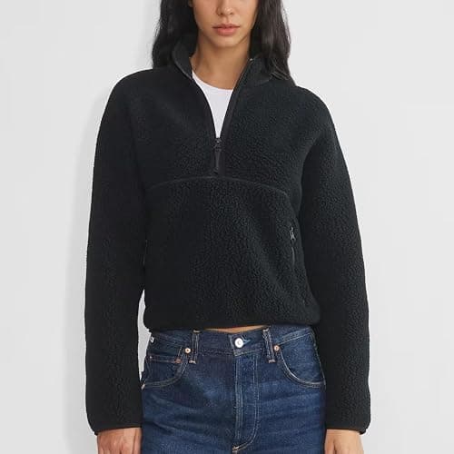 Keeliya Womens Fleece Sweatshirts Cropped Half Zip Fuzzy Warm Sherpa Pullover Varsity Jackets with Zipper Pockets thumbnail 2