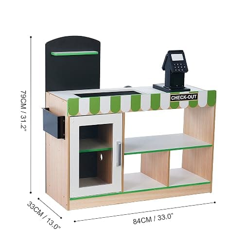 Teamson Kids Cashier Austin Interactive Wooden Play Market Stand with Lights and Sounds, Manual Conveyor Belt, Register and Display Spaces, Green and White Décor on Natural Wood | Manual Conveyor Belt, Scanner, Display Shelves, Green and Natural, Educational Toys for Toddlers Ages +3 thumbnail 3
