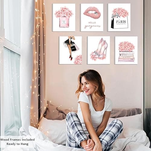 FRAMED Pink Makeup Room Canvas Wall Art, Fashion Woman Picture Wall Decor Paintings, Watercolor Perfume High Heels Lipstick Beauty Room Decor Pictures Arts for Girls Women Room Decor, (Set of 6, 8x10 in, Framed) thumbnail 5