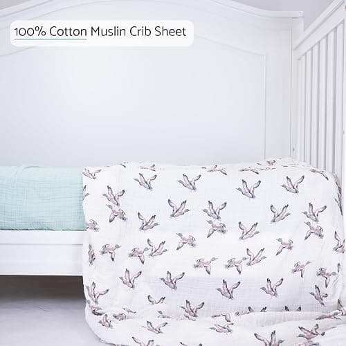 LollyBanks Muslin Crib Sheet 1 Pack, 100% Cotton Soft and Breathable Fitted Crib Sheet for Boys and Girls, Cozy and Snug Neutral Baby Sheets for Standard 52 x 28 inches Mattress (Mallard Duck Print) thumbnail 2