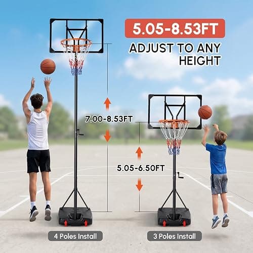 PEXMOR 5.05-8.53FT Portable Basketball Hoop, Adjustable to Any Height Easily, 33" Backboard for Teenagers, with Fillable Base & Wheels, Basketball Goal for Outdoor, Indoor, Backyard, Driveway thumbnail 3