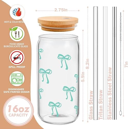BIPEDS Coquette Cute Sage Green Bow Glass Cups with Lids and Straws, Aesthetic Iced Coffee Cup Girly Preppy Tumbler Mug, Christmas Valentines Birthday Gifts for Women, Teen Girl Gifts Trendy Stuff thumbnail 3