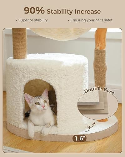 MUTTROS Modern Cat Tree for Large Cats, Wood Cat Tower for Indoor Cats, Real Branch Luxury Cat Furniture with Super Large Cozy Condo and Hammock & Scratching Post, Top Basket, White thumbnail 3