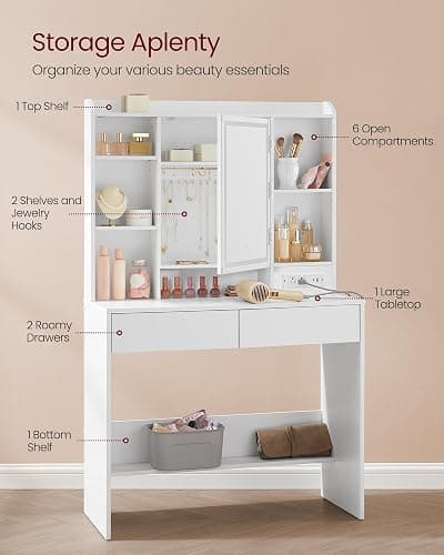 VASAGLE Kailyn Collection - Vanity Desk with Power Outlets, Makeup Vanity with Mirror and Lights, LED Lights, 6 Compartments, 2 Drawers, for Bedroom, Cloud White URDT031WB02S thumbnail 5