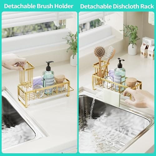 HapiRm Sponge Holder for Kitchen Sink - Self-draining Sink Caddy with Brush Holder and Dishcloth Holder, Stainless Steel Kitchen Organizer for Countertop - Gold thumbnail 4