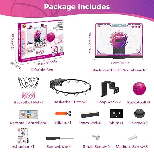 VATOS Basketball Hoop for Girls Indoor, LED Basketball Hoop with 7 Color Lights, Glowing Rim, Scoreboard & Remote Controller, Basketball Set Sports Toys Birthday Gifts for Girls Kids Teens 5-12 thumbnail 9
