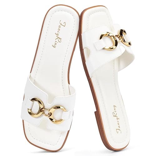 FancyRing Women's Flat Sandals Metal Chain Slip On Dressy Slide Sandals Square Toe Summer Casual Beach Vacation H-Band Sandals thumbnail 5