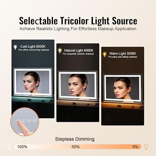 VEVOR Gran Espejo de Maquillaje Iluminado con Tres Modos de Iluminación Color, LED Luces, Aumento de 5X, Bluetooth, USB, Control Táctil Inteligente, Montaje en Pared a Escritorio, 800 x 120 x 572 mm thumbnail 2