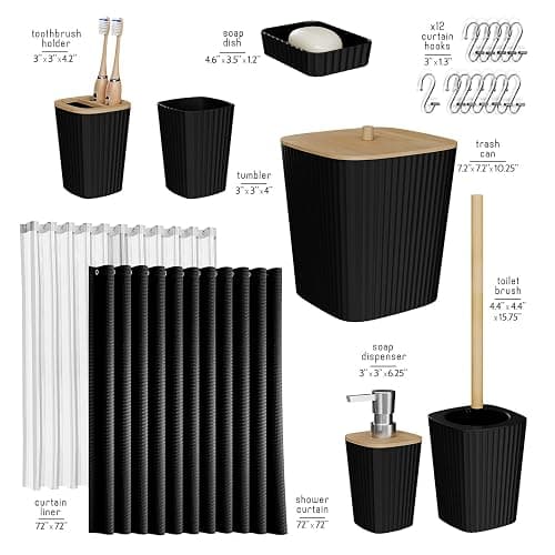 Clara Clark Bathroom Accessories Set - Bathroom Set, Bathroom Accessory Set, Shower Curtain Set, Toilet Brush, Trash Can & Soap Dispenser - Black - 20PC thumbnail 3