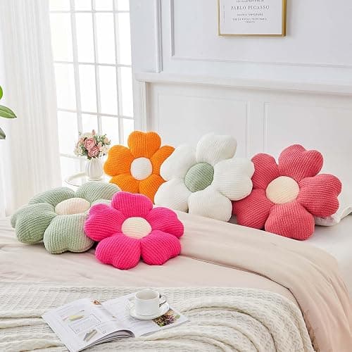 Kcvvcr Flower Throw Pillow, Cute Flower Shaped Pillow Decorative Throw Pillow for Bed Couch, Soft Daisy Pillows Floor Seating Cushion Cushions (14.9 Inch White+Green) thumbnail 6