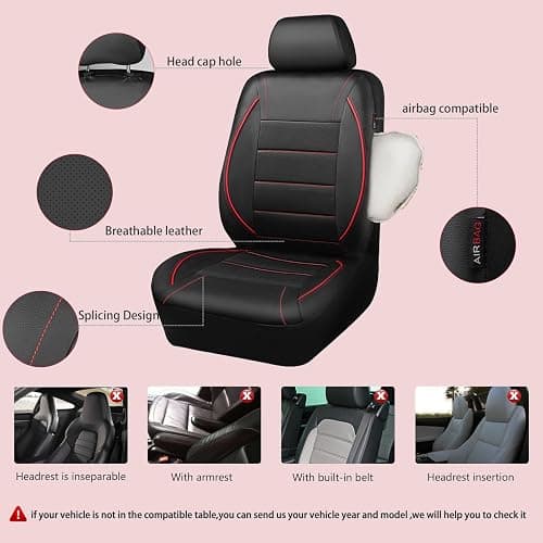 CAR PASS Universal FIT Piping Leather Two Front Seat Covers, Waterproof Faux Leather for SUV Sedan Van Truck, Airbag Compatible,Reserved Opening Holes for Headrest Covers. (Black red) thumbnail 2