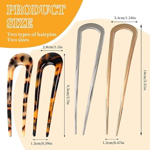 starfa lab 4 PCS French Hair Pin, U Shaped Metal Hair Fork, 2 Prong Updo Chignon Clip Sticks Buns Gold Silver Tortoiseshell Twist Fork For Classic French Variety Hairstyle Women Girls thumbnail 2