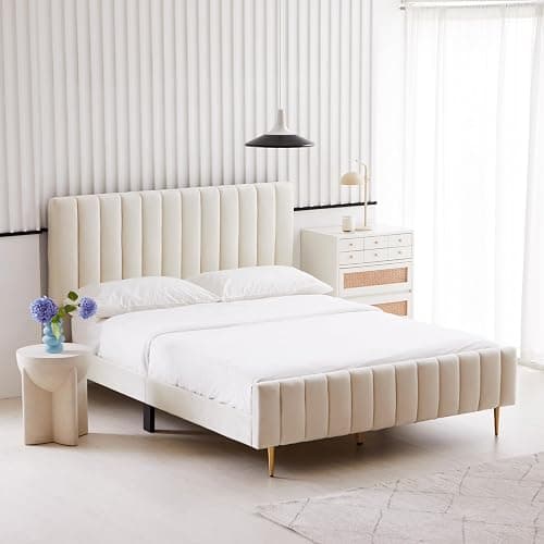 Livinia Queen Size Elton Velvet Platform Bed, Upholstered Bed Frame with Vertical Channel Tufted Headboard Footboard, Strong Wood Slats, No Box Spring Needed, Ivory (Queen) thumbnail 9