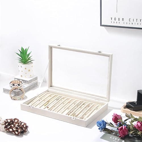 14 Hooks Necklace Storage Tray, Velvet Neckalce Organizer Box with Clear Lid, Pendant Chain Necklace Jewelry Organizer Drawer Tray for Women Girls (Beige) thumbnail 6