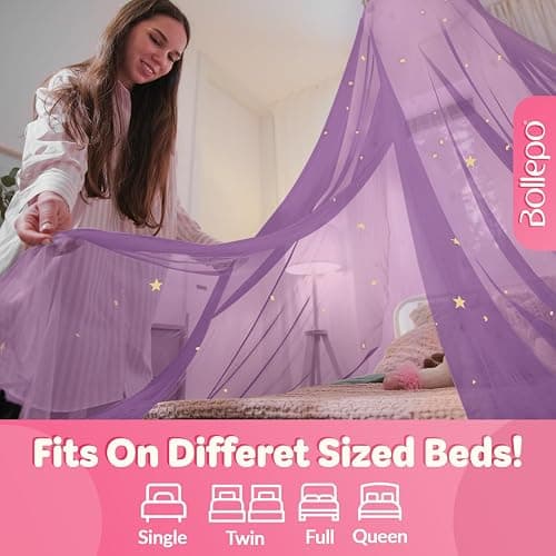 Bollepo Purple Bed Canopy for Girls with Glowing Stars - Princess Netting Room Decor, Ceiling Tent to Cover Toddler | Single, Twin, Full, Queen Size Kids Bed, Fire Retardant Fabric thumbnail 2