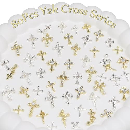 80Pcs Cross Nail Charms Gold Silver Y2k Nail Art Rhinestones Gems | Shiny Nail Jewelry Acrylic Nail Accessories for Women DIY Manicure Decorations thumbnail 2