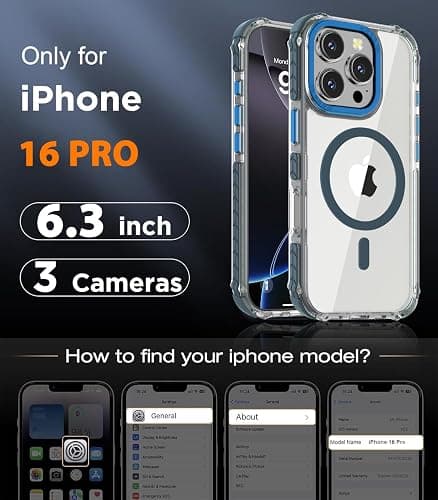 DEERLAMN Strong Magnetic Case for iPhone 16 Pro 6.3-Inch,[Compatible with Magsafe] Clear Slim Shockproof Protective Phone Cover for Women Men-Transparent+Blue thumbnail 2