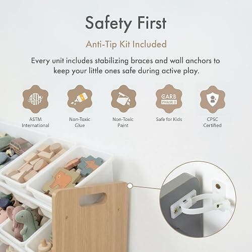Humble Crew Kids Toy Organizer with 12 Bins, 4 Tier Storage for Playroom | Sturdy wood and steel toddler shelf, removable BPA-free containers, wall anchor anti-tip safety kit for bedroom or classroom thumbnail 8