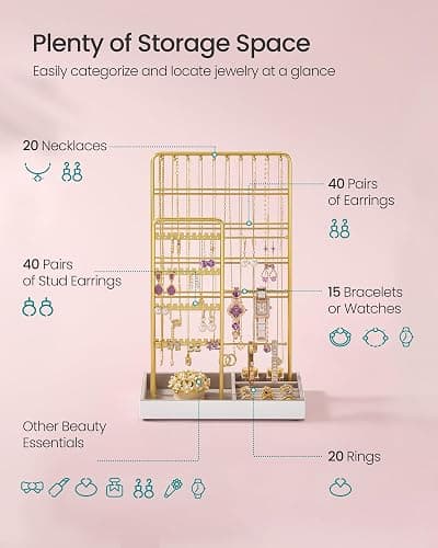SONGMICS Jewelry Holder, Jewelry Organizer, Jewelry Display Stand with Metal Frame, Velvet Tray, Necklace Earring Bracelet Holder, for Studs, Rings, Christmas Gift, Pale Gold UJJS028A01 thumbnail 5