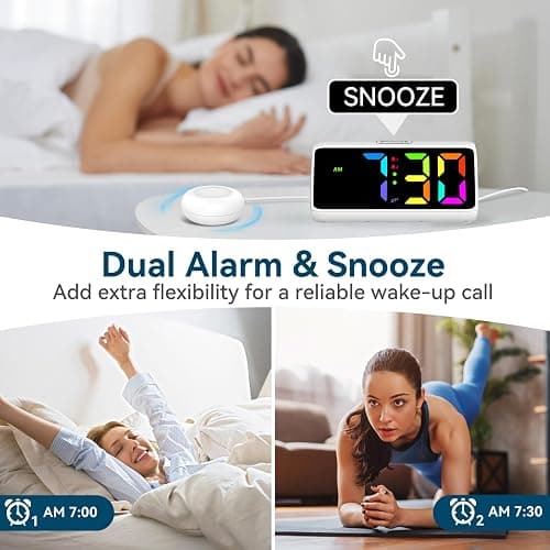 Netzu Loud Alarm Clock for Heavy Sleepers, Plug-in RGB Vibrating Alarm Clocks with Bed Shaker, 5 Dimmers, 2 Alarms and Snooze for Bedrooms Hearing Impaired Deaf Adults (White) thumbnail 5