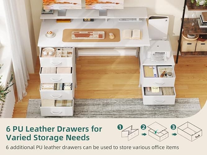 Flrrtenv Computer Desk with 6 Fabric Drawers, 39in Gaming Desk with Power Outlets & Fabric File Cabinet, Home Office Desk with Full Monitor Stand and Shelf, Study Writing Desk for Bedroom, White thumbnail 4