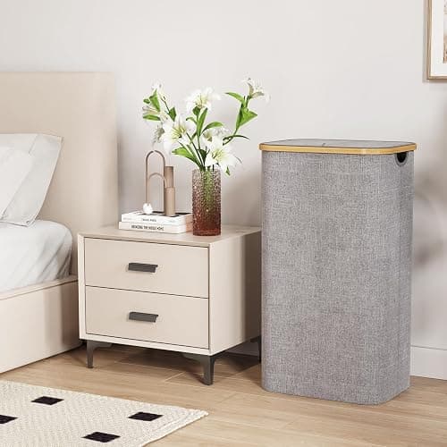 Lifewit 100L Laundry Basket with Lid, Clothes Hampers for Laundry with Bamboo Handles and 1 Removable Bag, Large Foldable Laundry Hamper for Bedroom, Bathroom, Dorm, Laundry Room, Light Gray thumbnail 2