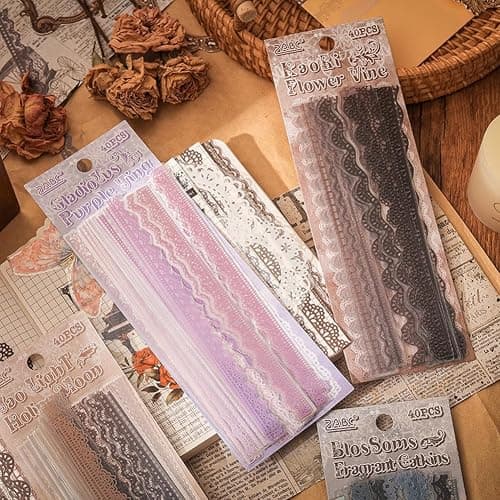 Obujopal 40 Pcs Transparent Lace PET Stickers for Scrapbooking Junk Journal Card Making Collage Diary Planner Notebook Letter Photo Album Craft Project Decoration, 5 Patterns (Brown) thumbnail 2